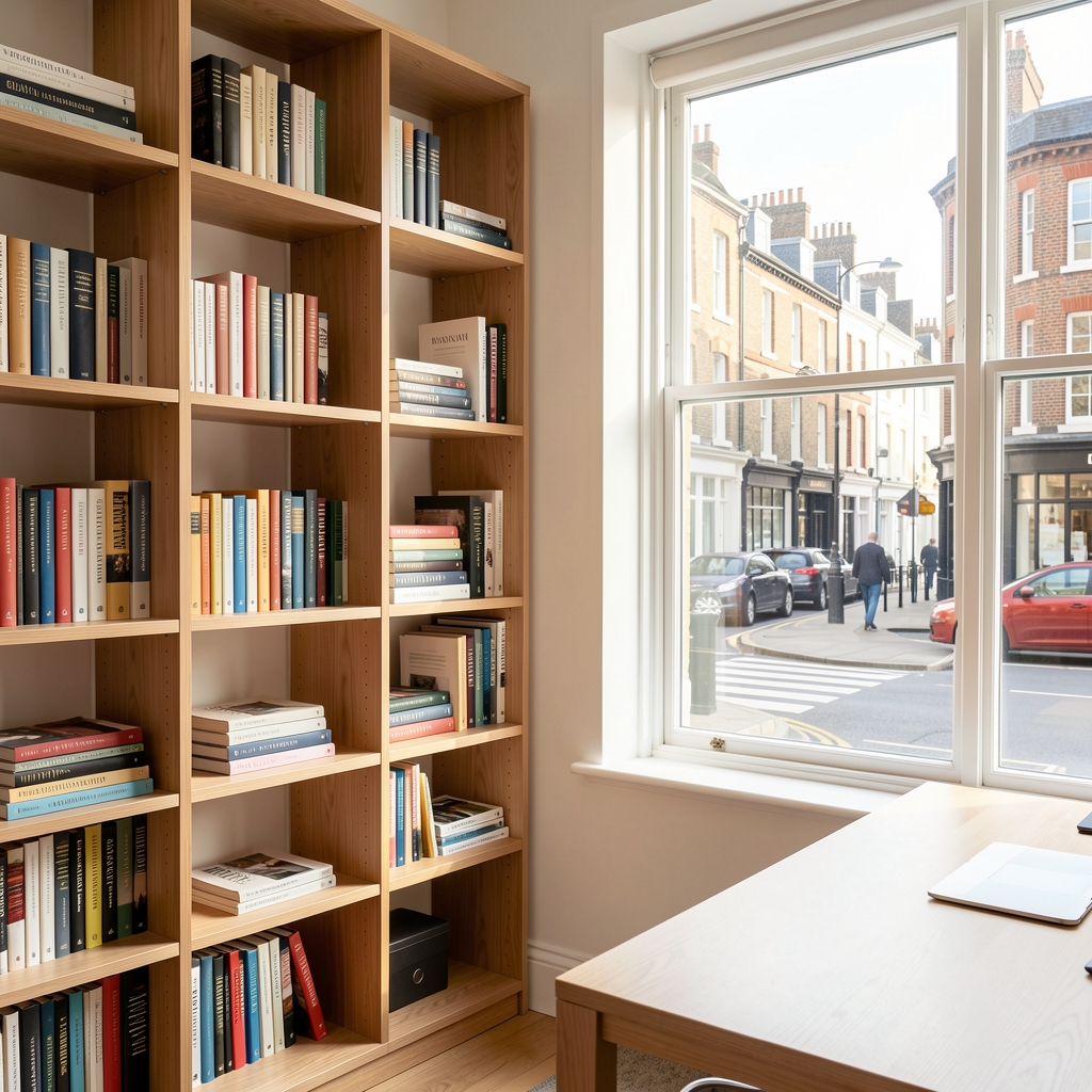 Portrait of a food writer at a desk with books and research materials in a quiet London office with natural window light