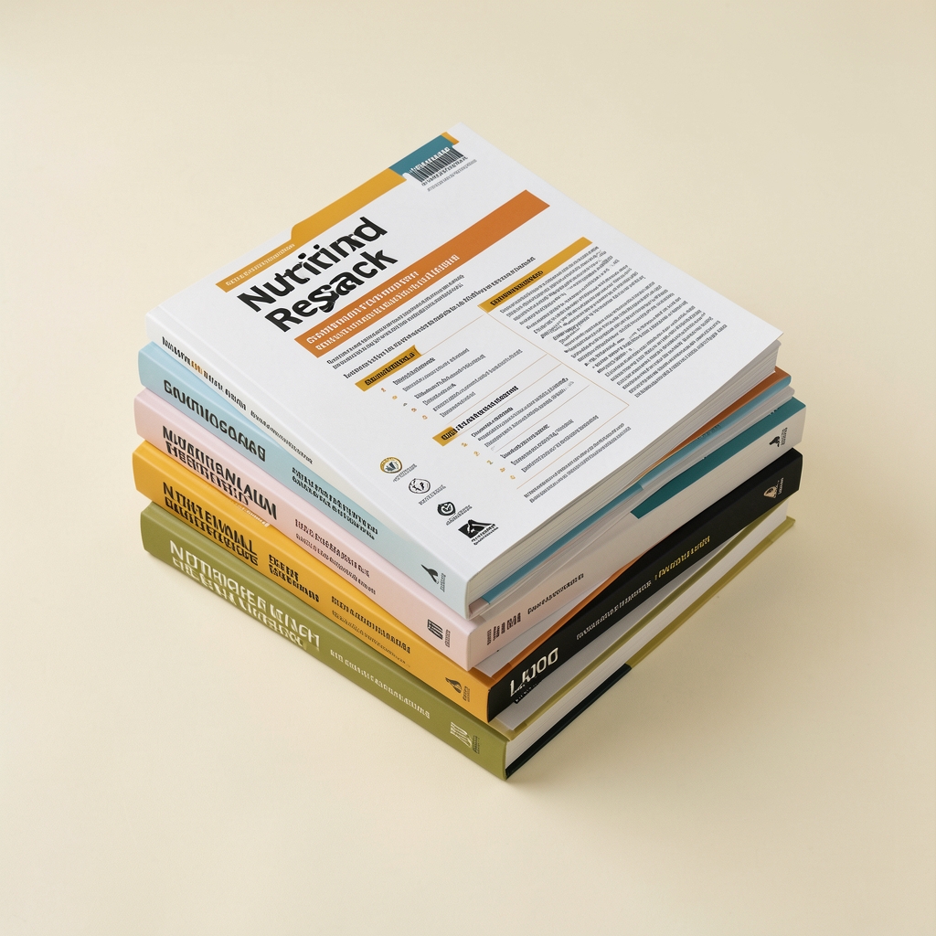 Stack of nutritional research journals and reference books on a pale cream surface, photographed from above in even studio lighting