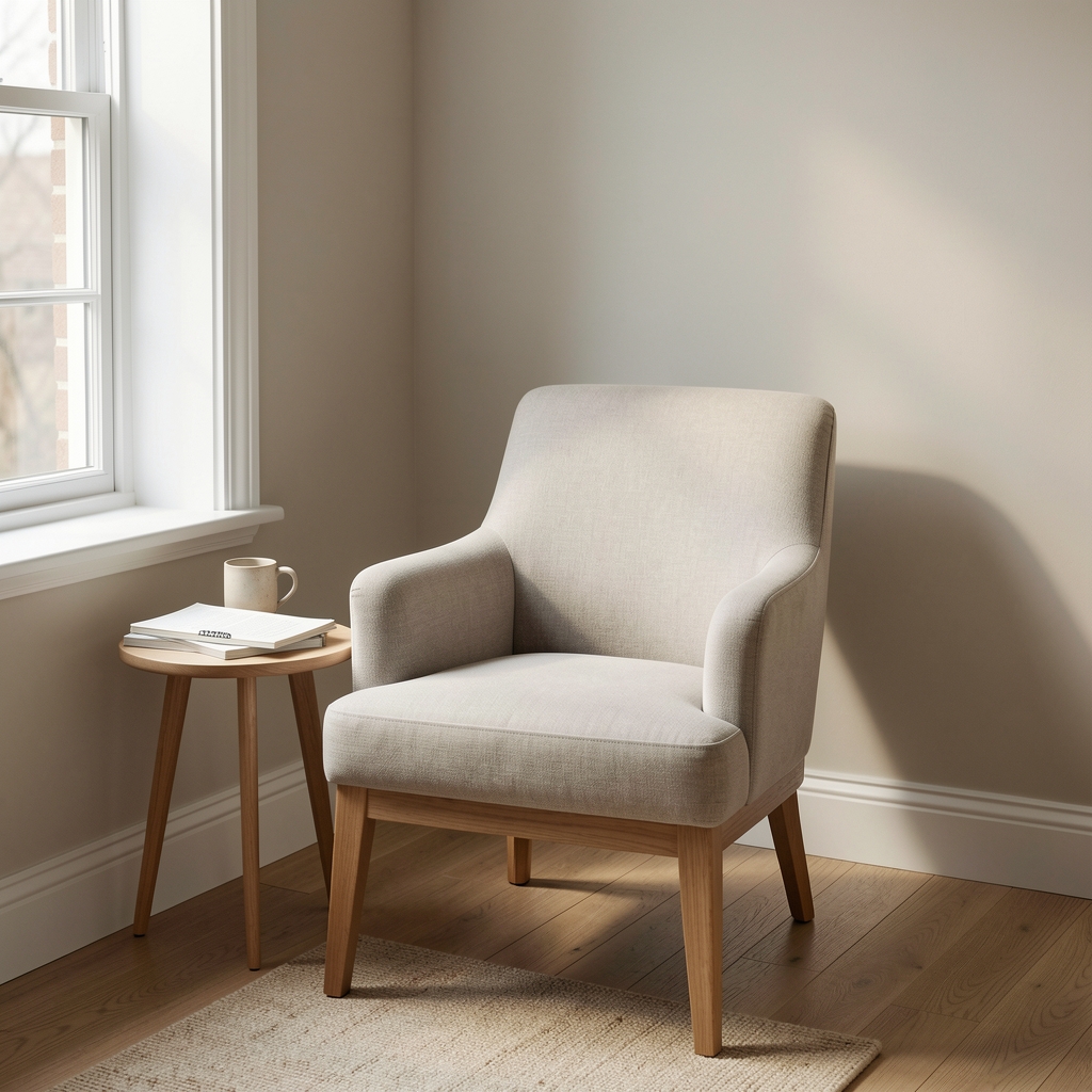Quiet reading corner with a single chair, good natural light, and a small side table with papers and a ceramic mug
