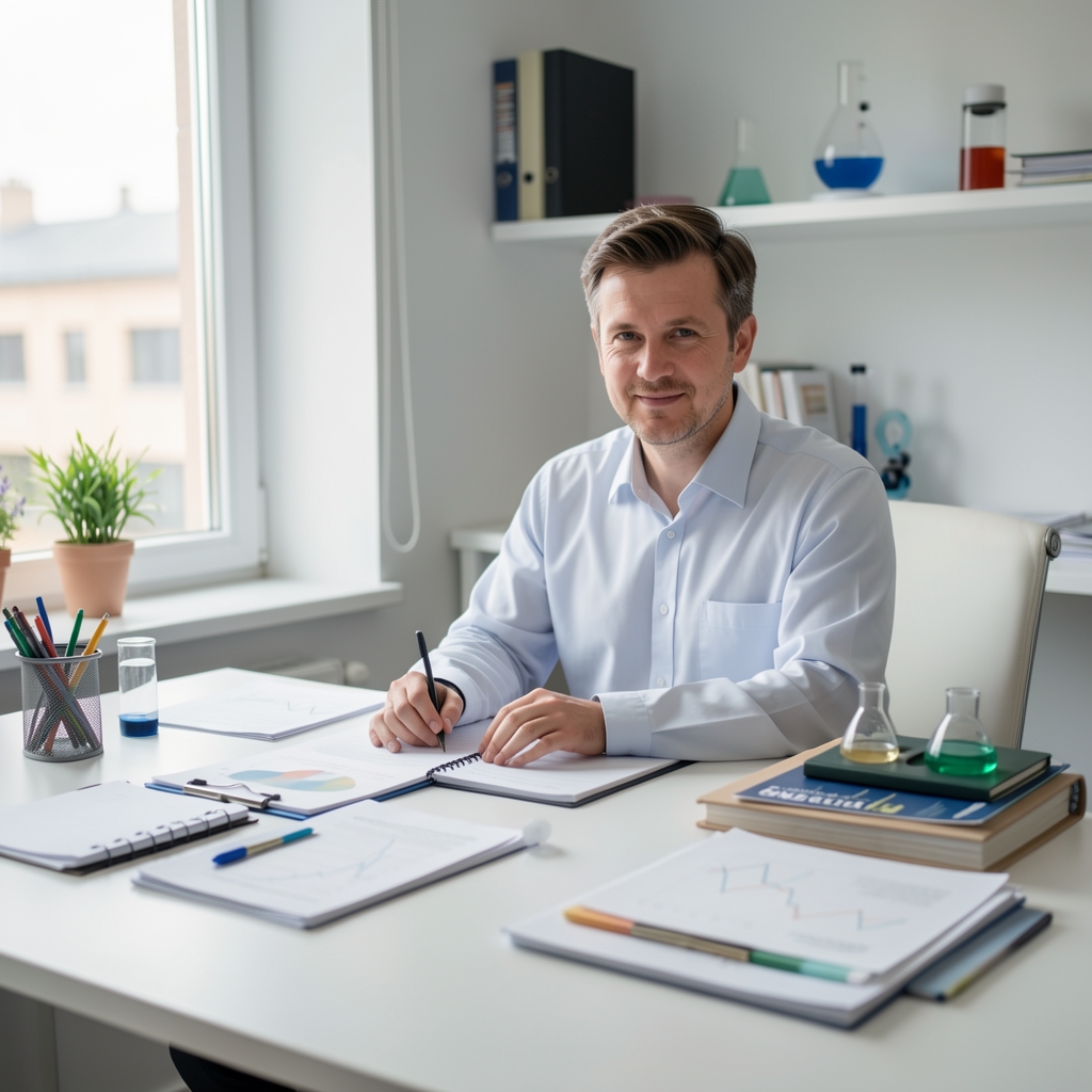Harriet Pembroke, editorial reviewer at Kareno Dispatch, photographed in a clean workspace with controlled natural light, surrounded by research materials