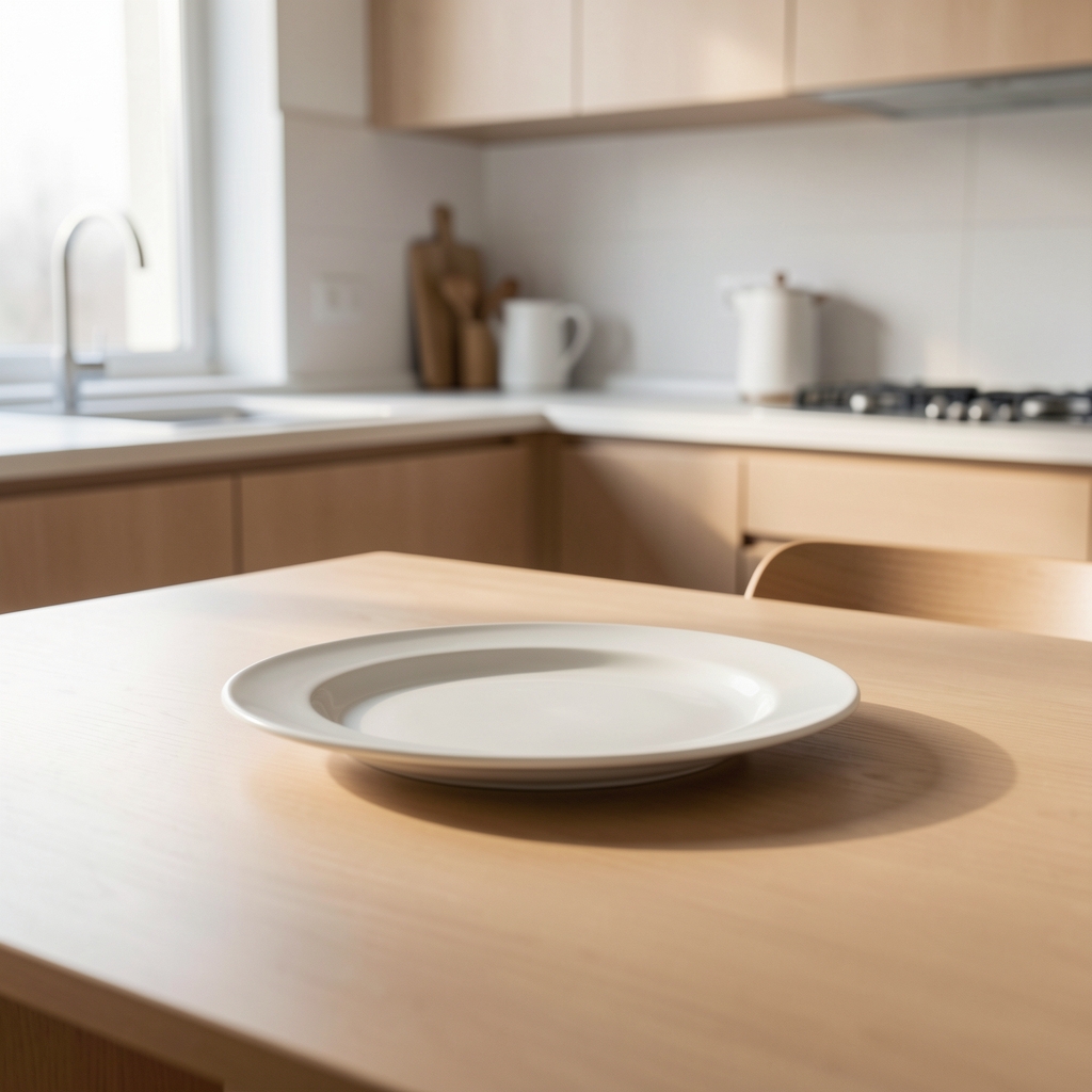 Empty plate on a minimalist kitchen table in soft morning light, representing a skipped breakfast